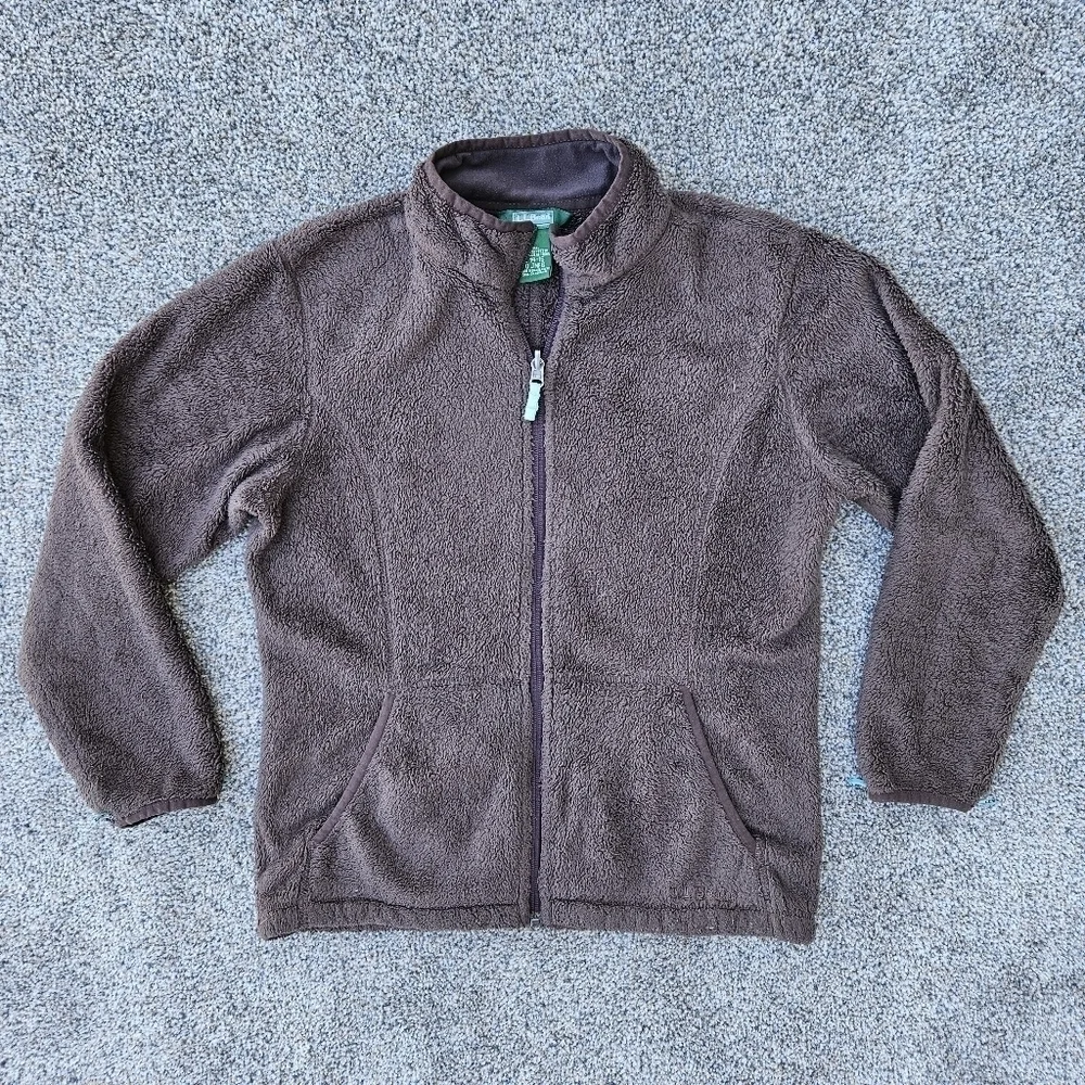 LL Bean Sherpa Fleece Brown Full Zip Jacket Sweatshirt Vintage Youth L 14-16